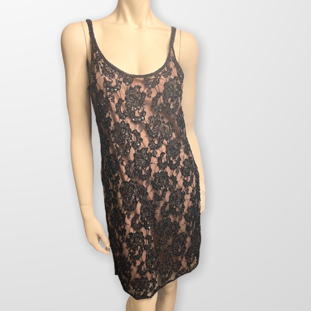 Adrianna Papell Sleeveless black lace and beaded cocktail dress